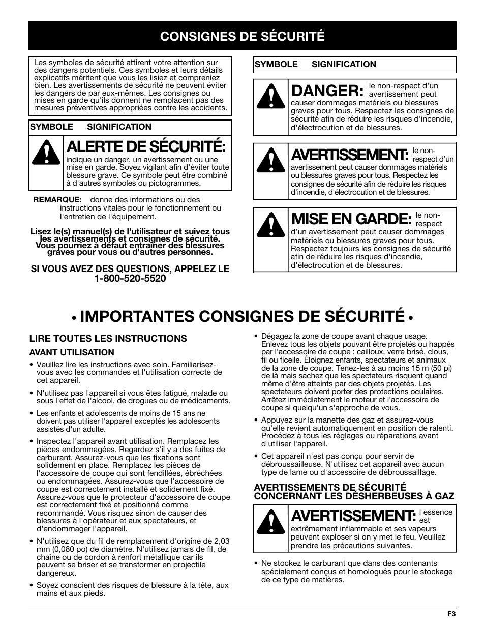 Importantes consignes de sécurité, Avertissement, Danger | Mise en garde, Alerte de sécurité, Consignes de sécurité | MTD BL100 User Manual | Page 23 / 64