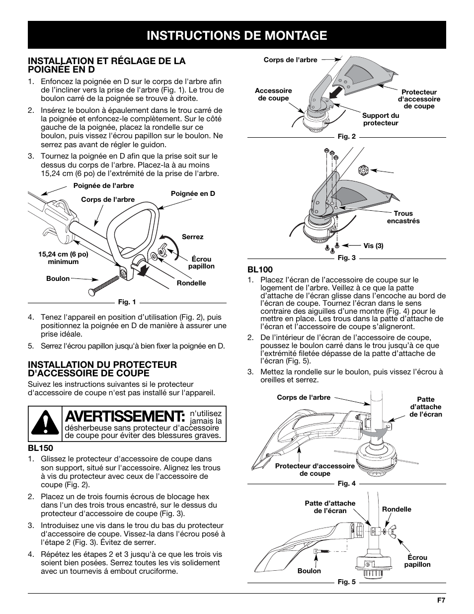 Avertissement, Instructions de montage | MTD BL100 User Manual | Page 27 / 64