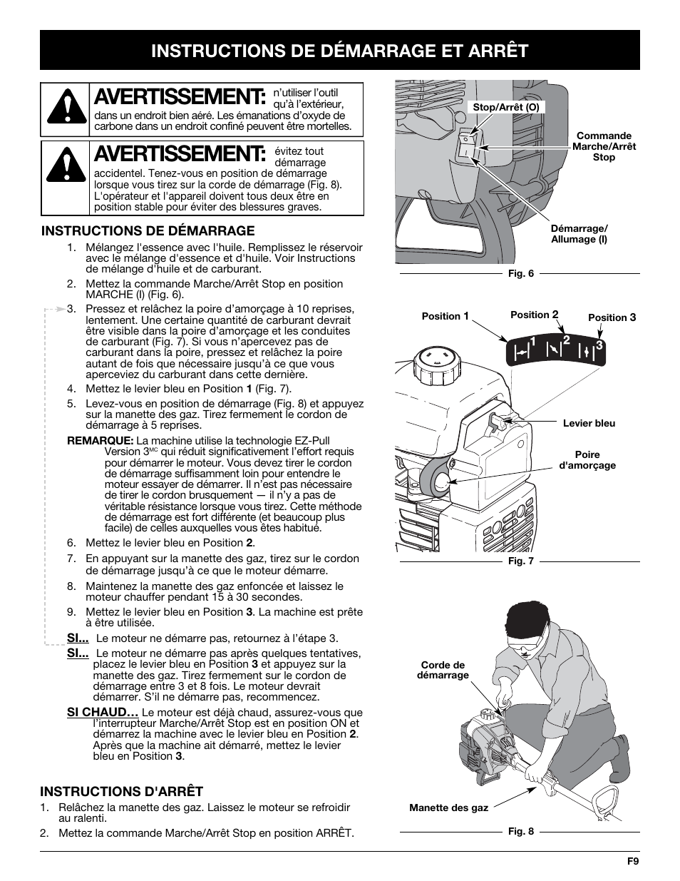 Avertissement, Instructions de démarrage et arrêt | MTD BL100 User Manual | Page 29 / 64
