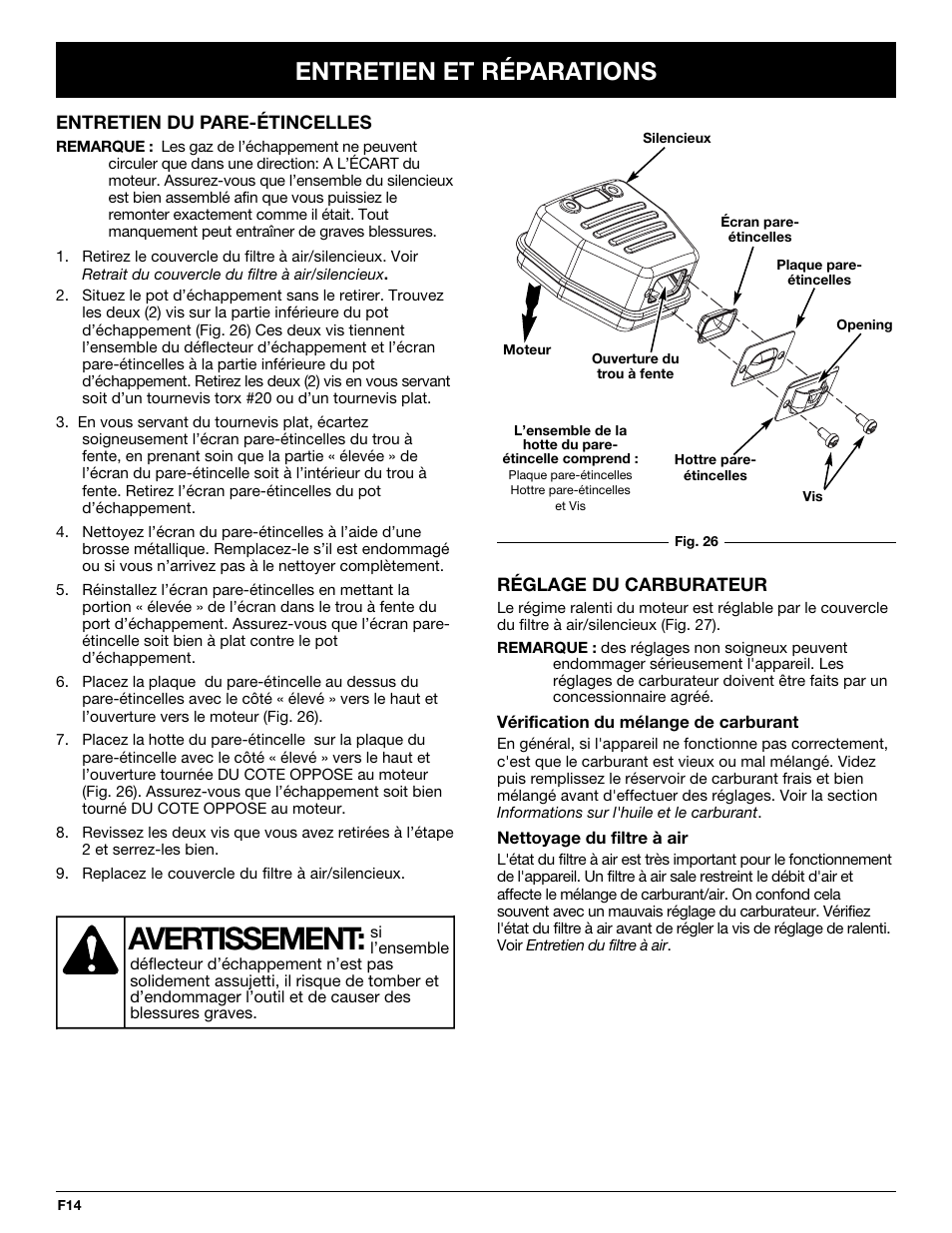 Avertissement, Entretien et réparations | MTD BL100 User Manual | Page 34 / 64