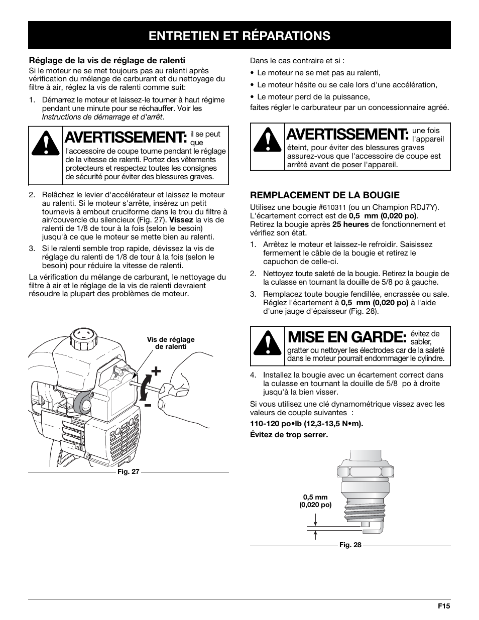 Avertissement, Mise en garde, Entretien et réparations | MTD BL100 User Manual | Page 35 / 64