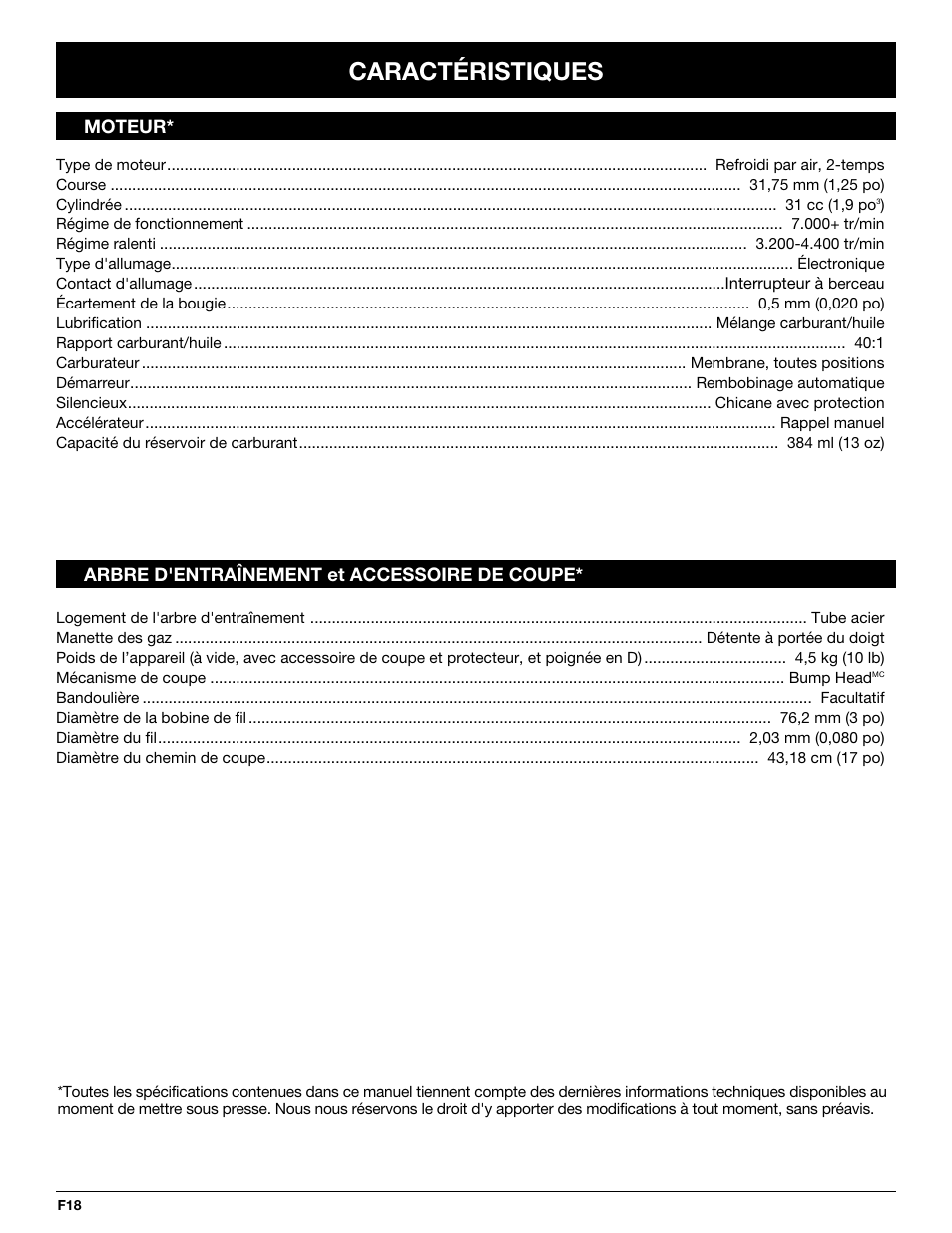 Caractéristiques | MTD BL100 User Manual | Page 38 / 64