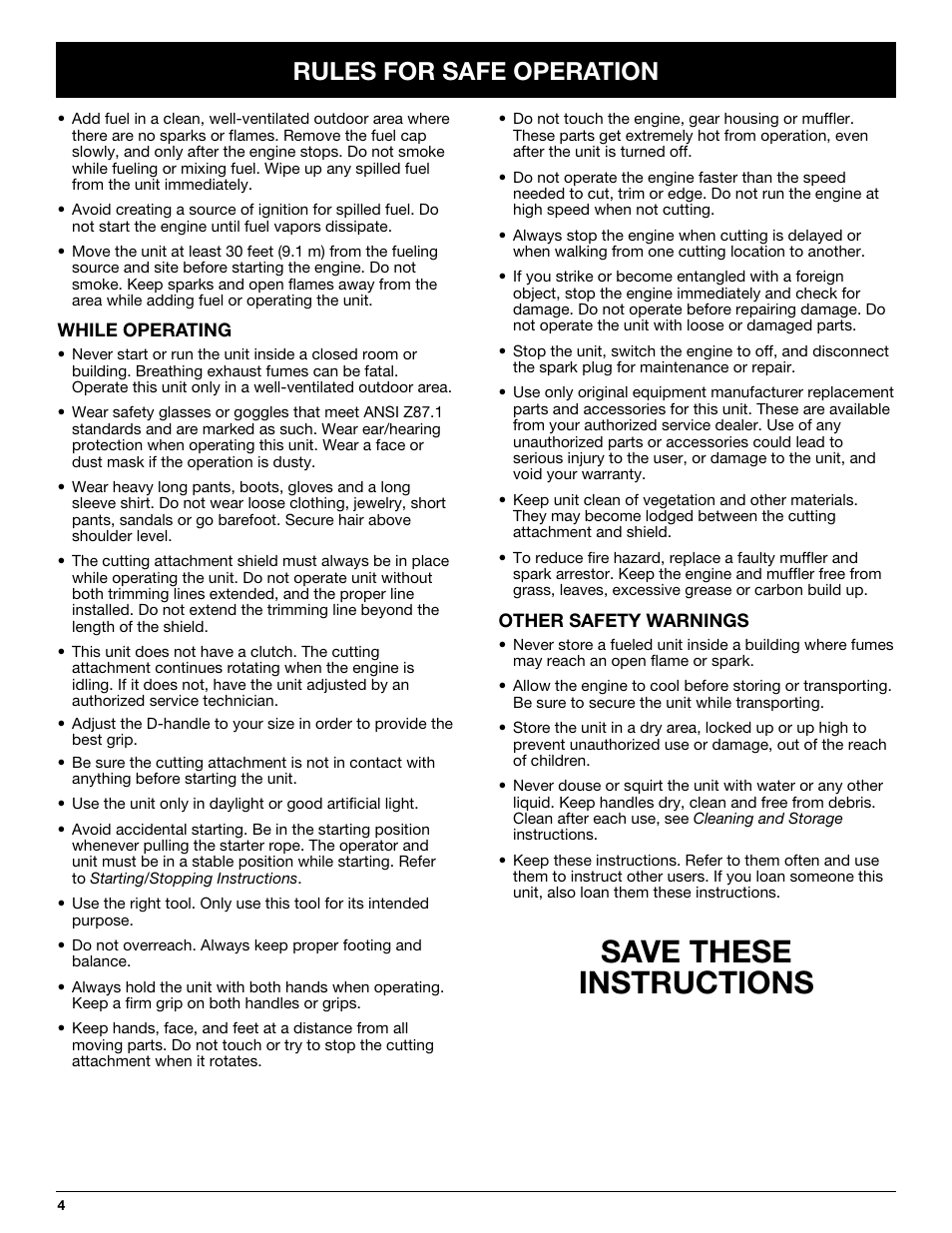 Save these instructions, Rules for safe operation | MTD BL100 User Manual | Page 4 / 64