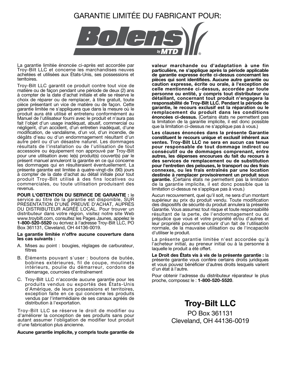 Troy-bilt llc, Garantie limitée du fabricant pour | MTD BL100 User Manual | Page 40 / 64