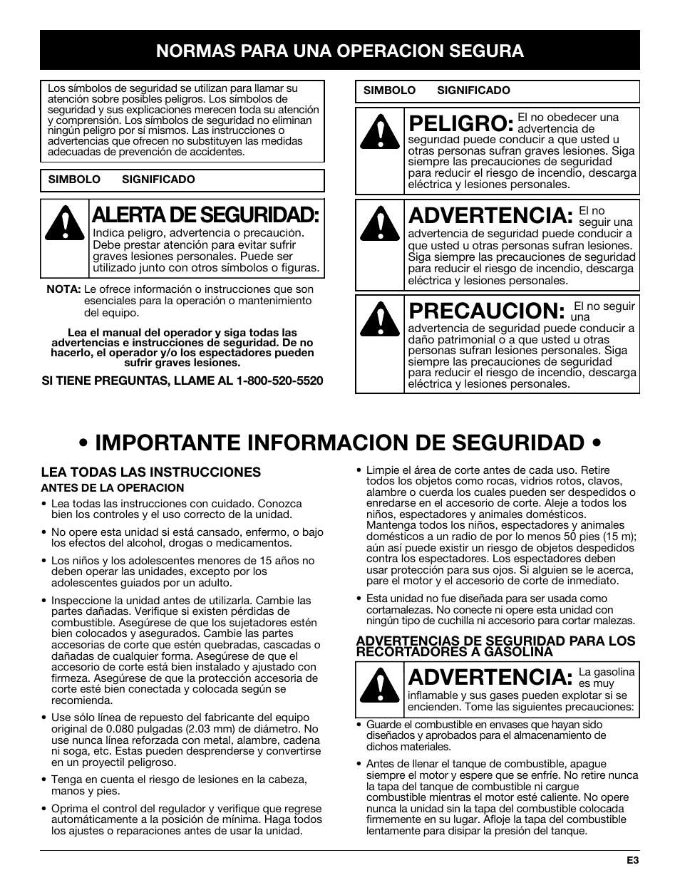 Importante informacion de seguridad, Advertencia, Peligro | Precaucion, Alerta de seguridad, Normas para una operacion segura | MTD BL100 User Manual | Page 43 / 64