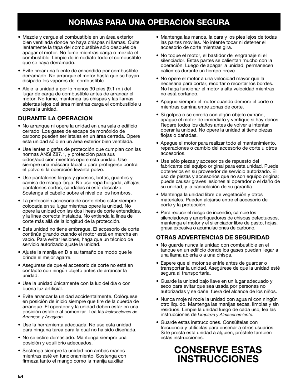 Conserve estas instrucciones, Normas para una operacion segura | MTD BL100 User Manual | Page 44 / 64