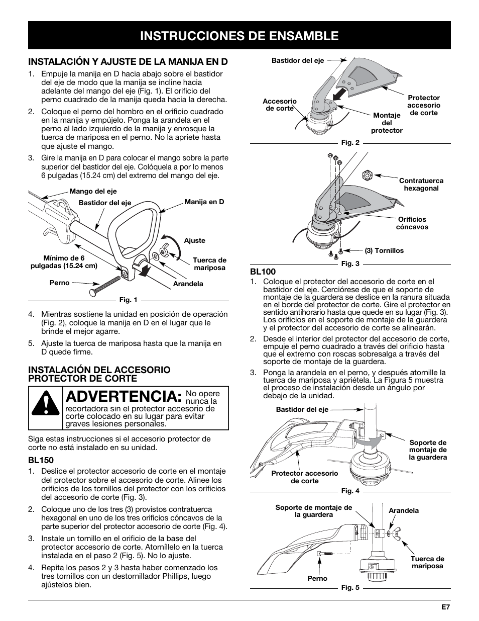 Advertencia, Instrucciones de ensamble | MTD BL100 User Manual | Page 47 / 64