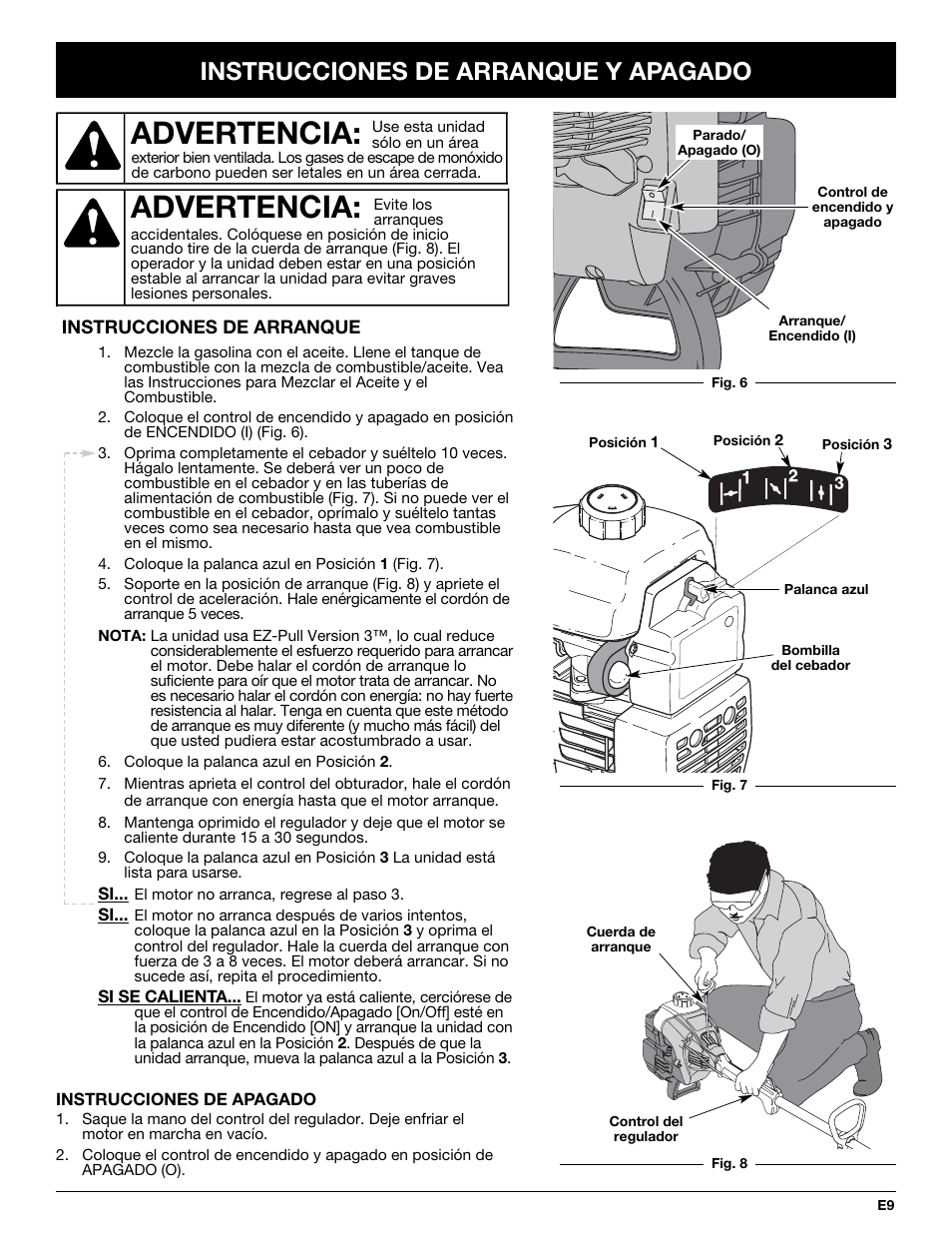 Advertencia, Instrucciones de arranque y apagado | MTD BL100 User Manual | Page 49 / 64