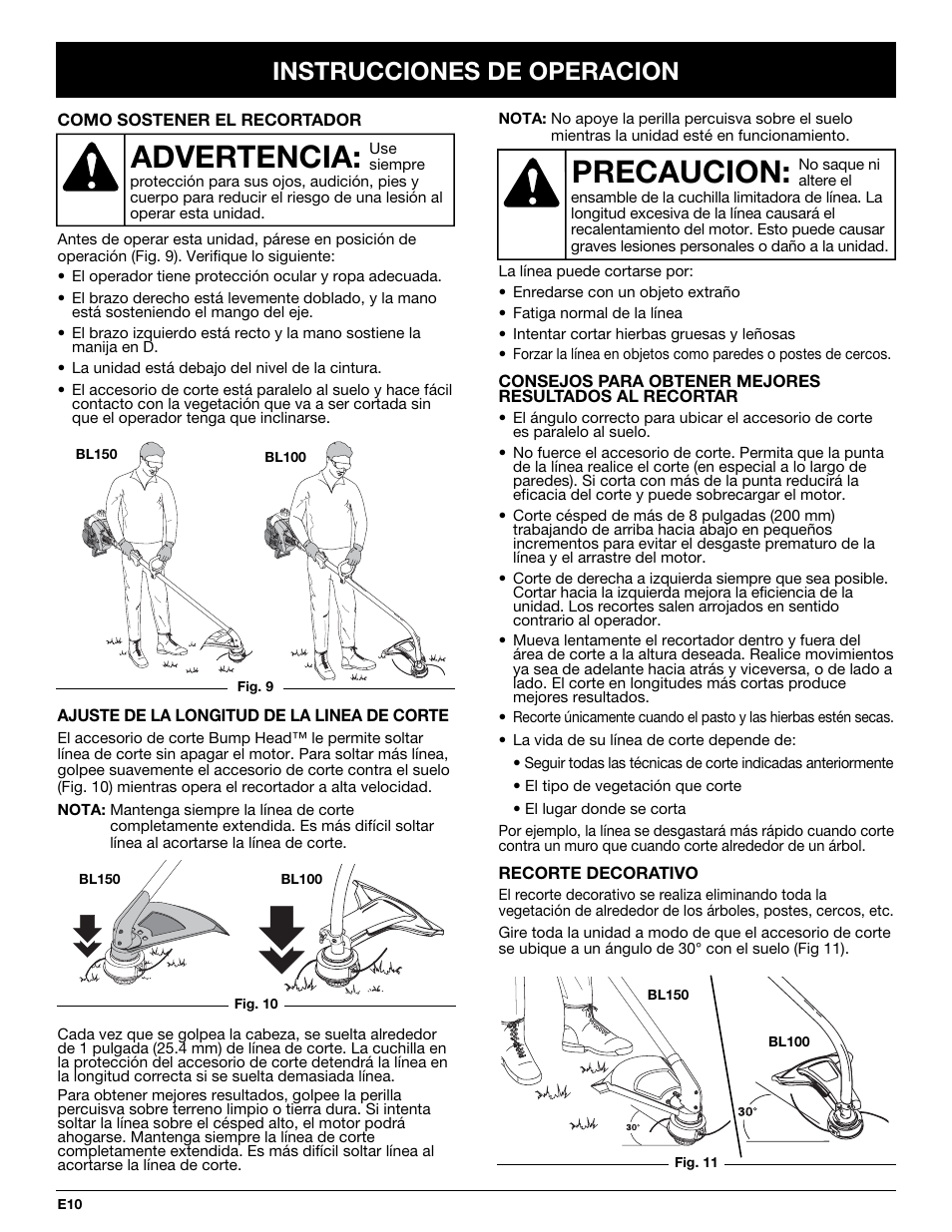 Precaucion, Advertencia, Instrucciones de operacion | MTD BL100 User Manual | Page 50 / 64