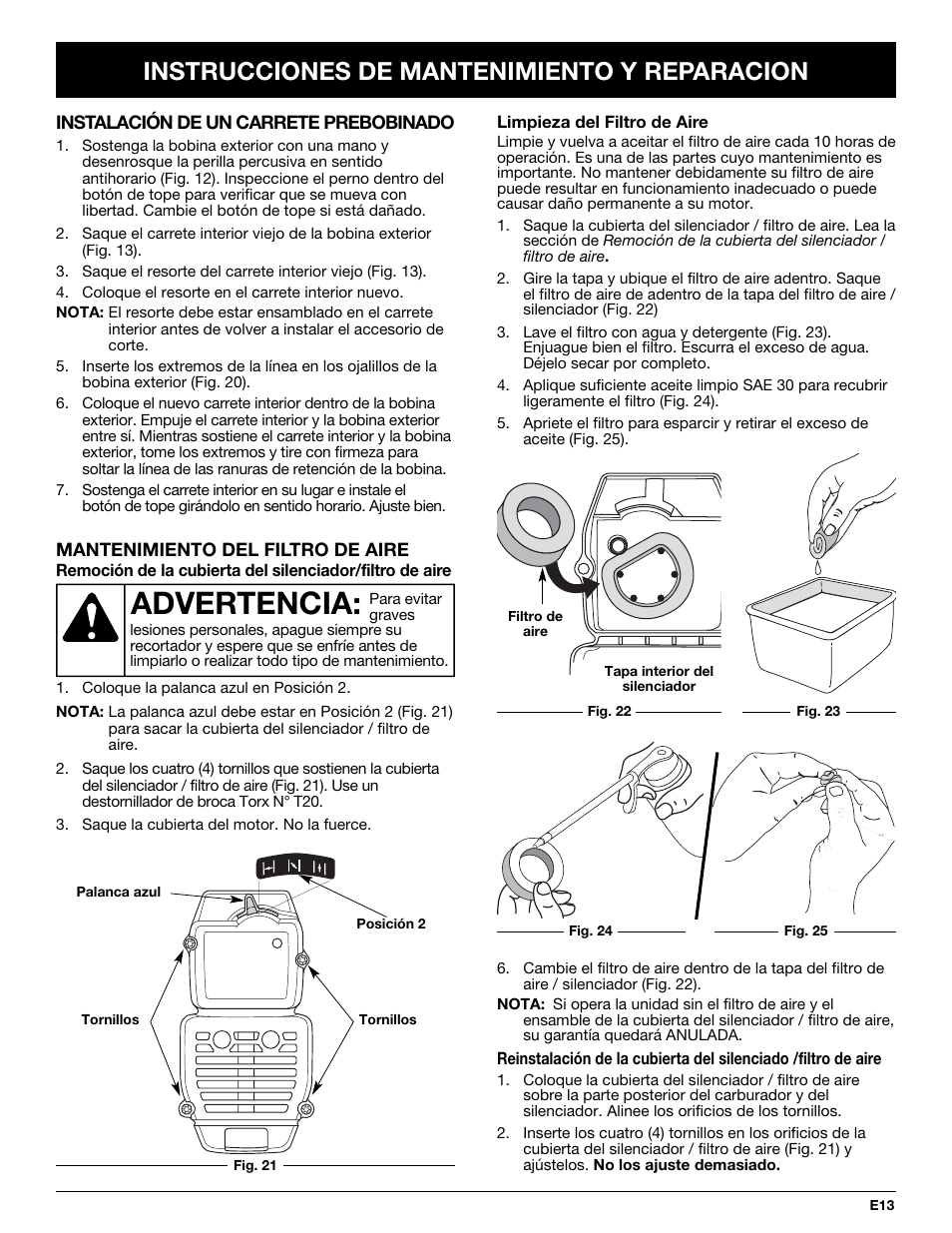 Advertencia, Instrucciones de mantenimiento y reparacion | MTD BL100 User Manual | Page 53 / 64