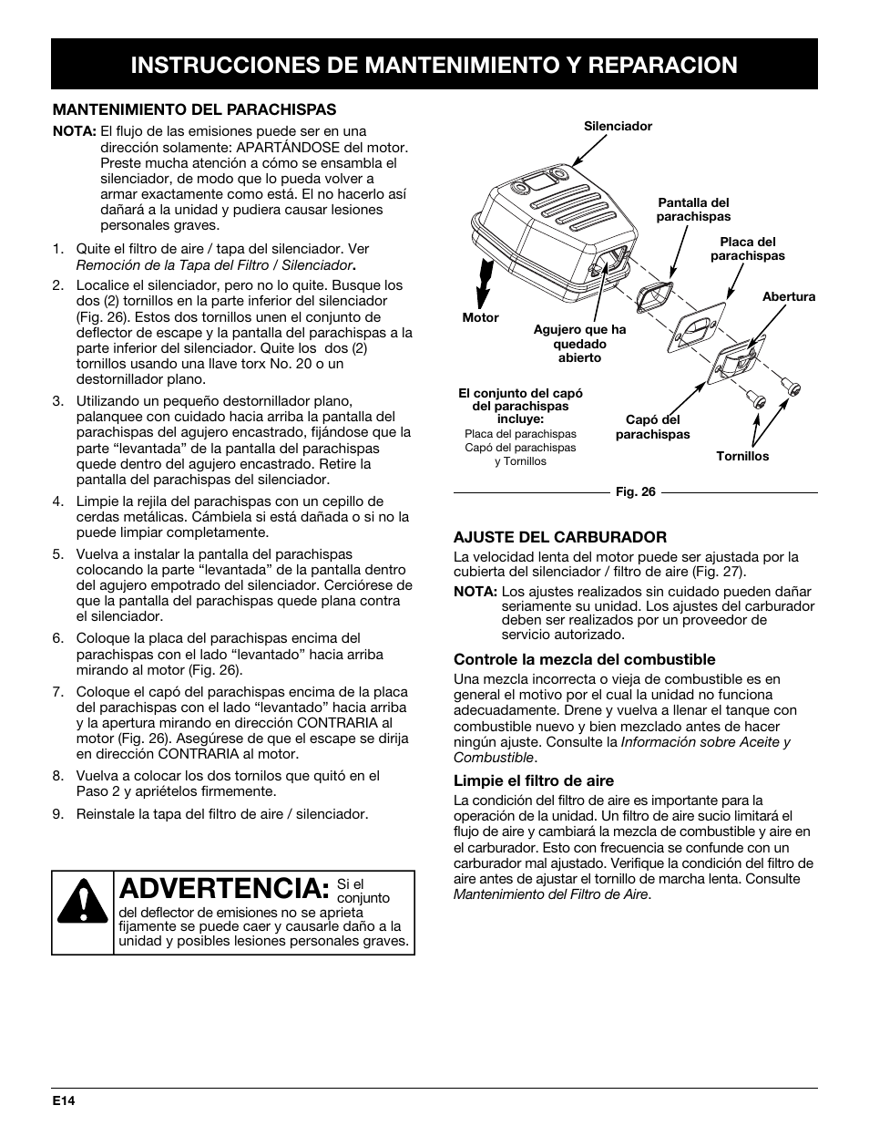 Advertencia, Instrucciones de mantenimiento y reparacion | MTD BL100 User Manual | Page 54 / 64