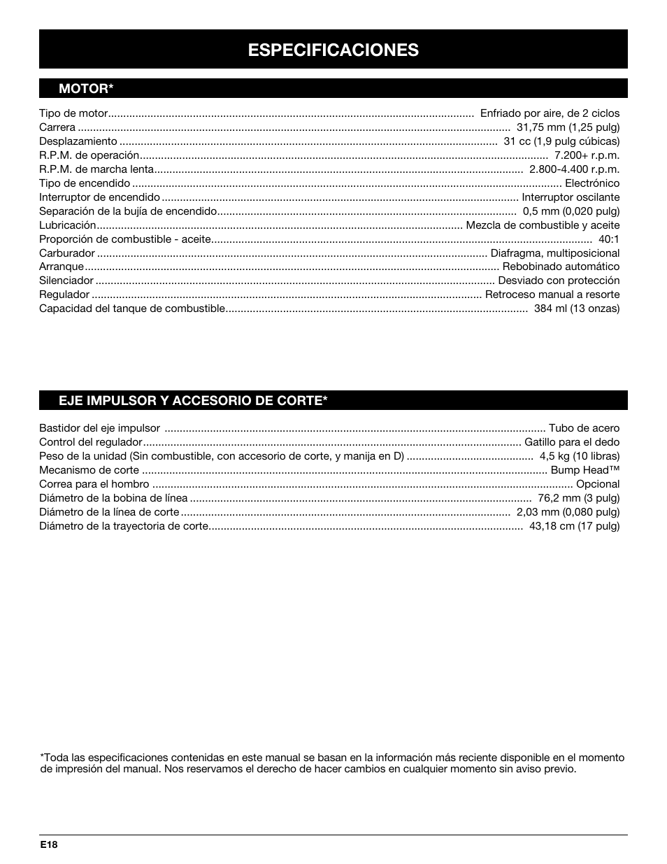 Especificaciones | MTD BL100 User Manual | Page 58 / 64