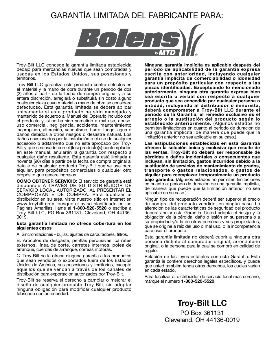 Garantía limitada del fabricante para, Troy-bilt llc | MTD BL100 User Manual | Page 64 / 64