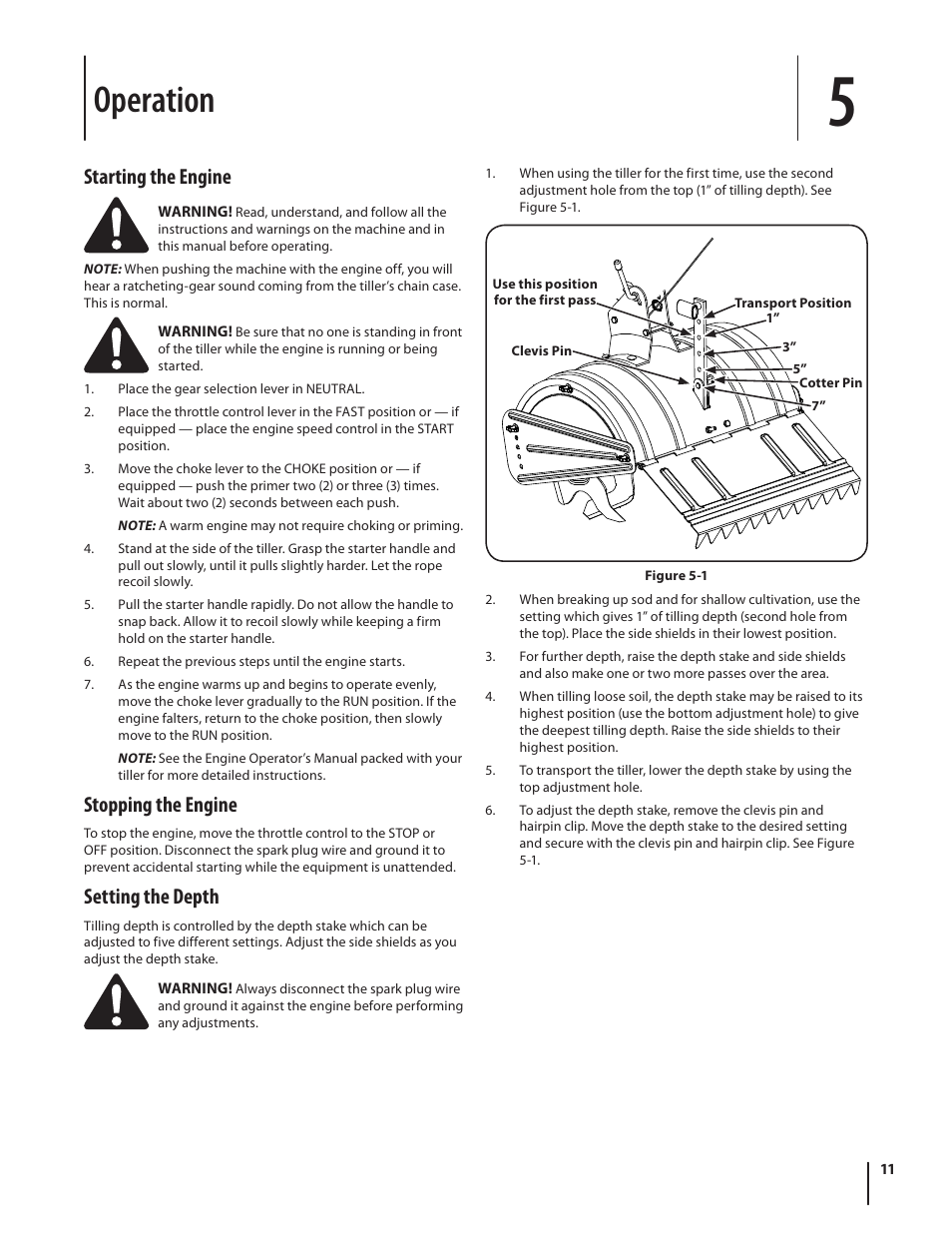 Operation, Starting the engine, Stopping the engine | Setting the depth | MTD 450 Series User Manual | Page 11 / 20