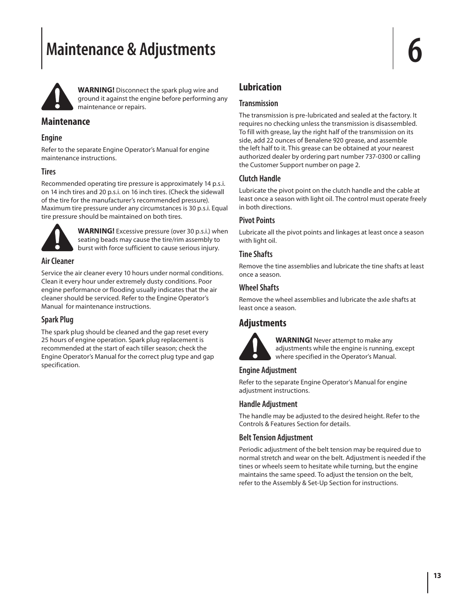 Maintenance & adjustments, Maintenance, Lubrication | Adjustments | MTD 450 Series User Manual | Page 13 / 20