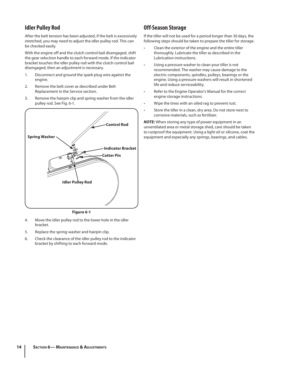 Idler pulley rod, Off-season storage | MTD 450 Series User Manual | Page 14 / 20