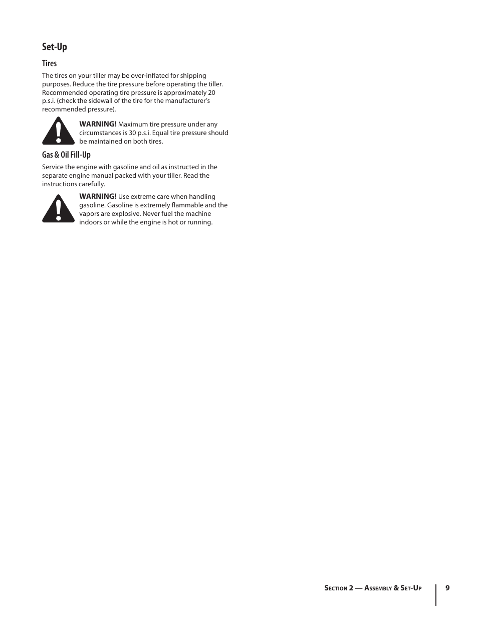 Set-up, Tires, Gas & oil fill-up | MTD 450 Series User Manual | Page 9 / 20