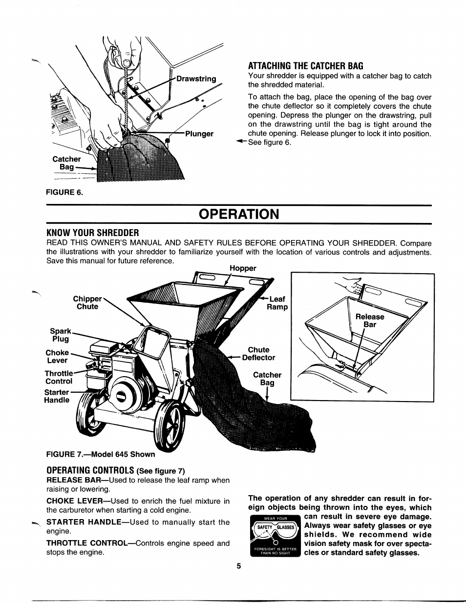 Attaching the catcher bag, Spark, Choke | Throttle, Operating controls (see figure 7), Operation | MTD 242A645-000 User Manual | Page 5 / 12