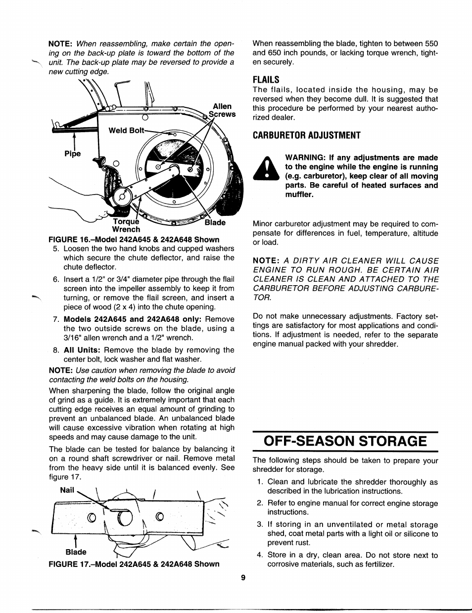 Flails, Carburetor adjustment, Off-season storage | MTD 242A645-000 User Manual | Page 9 / 12