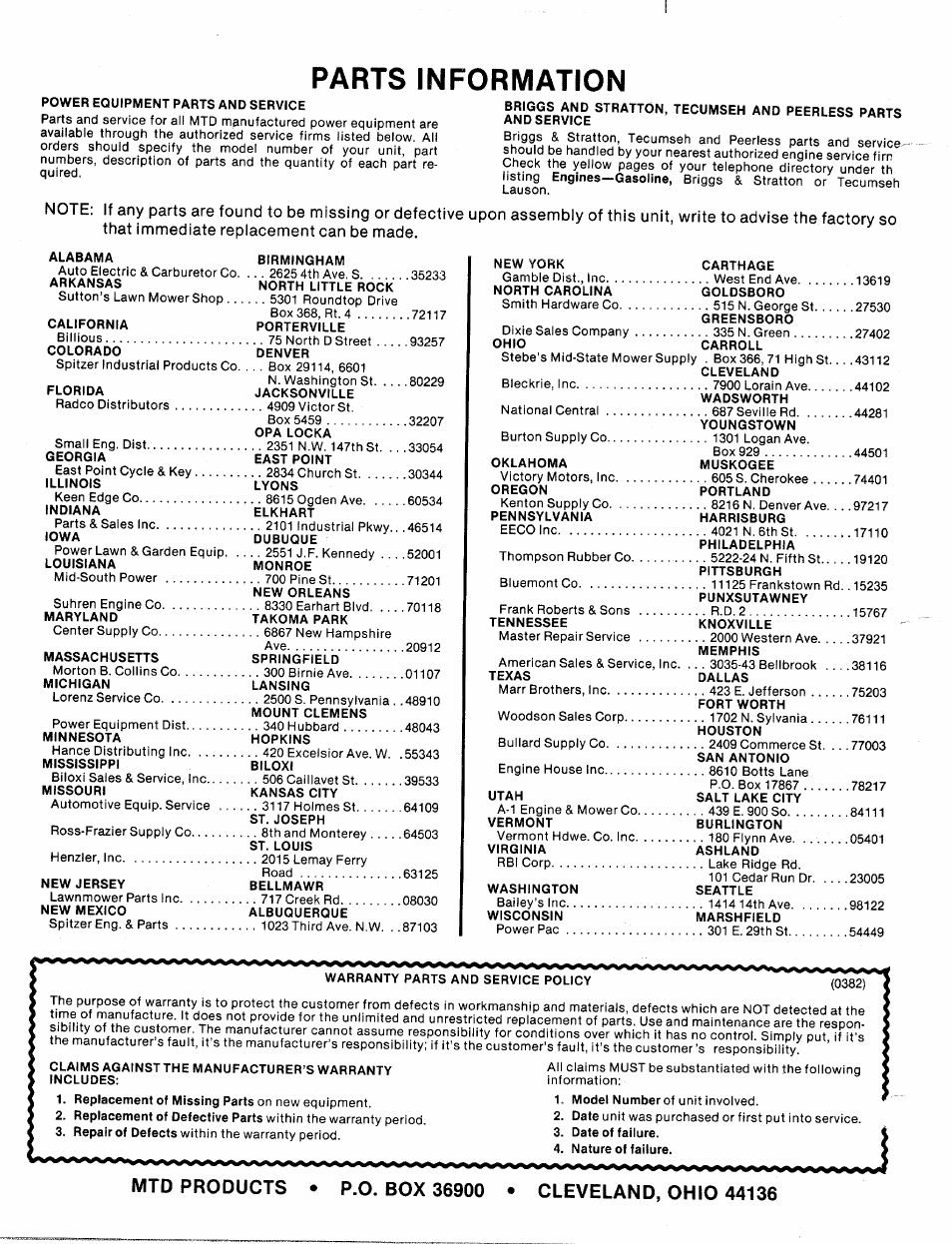 Parts information | MTD 112-671A User Manual | Page 12 / 12