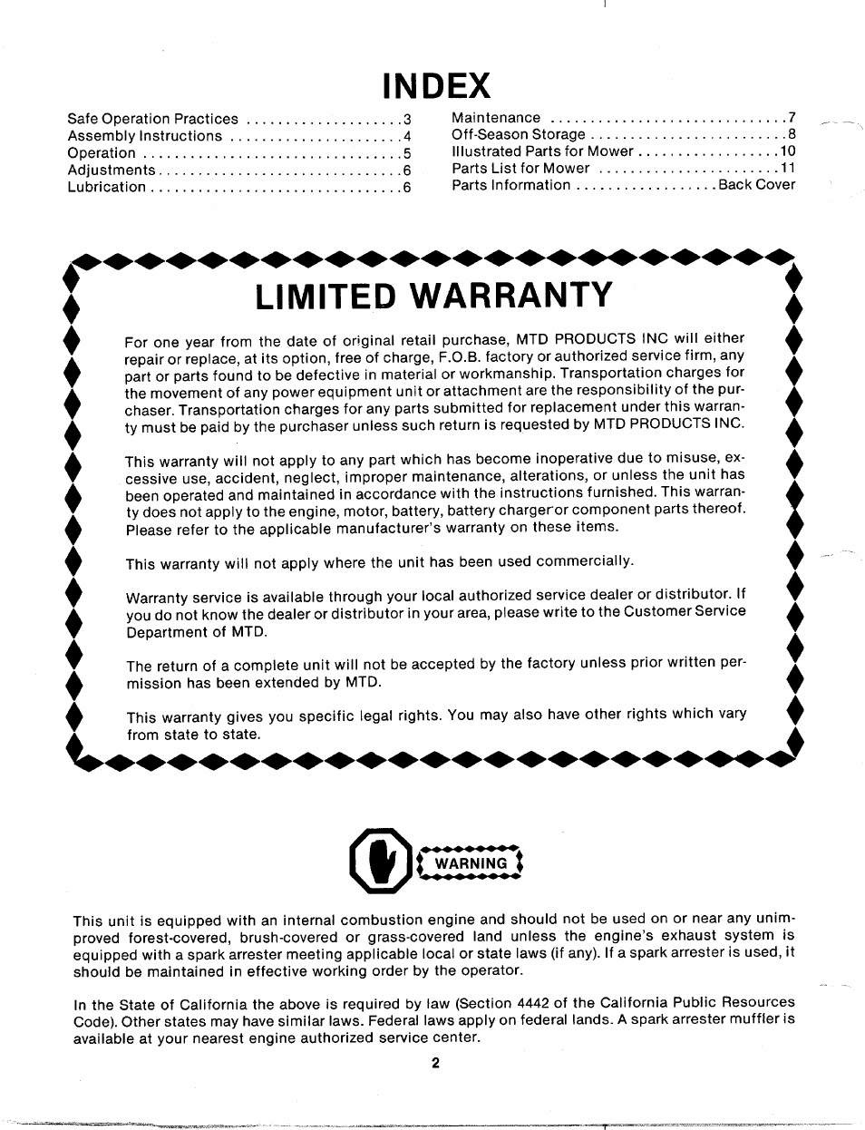 Index, Limited warranty, Warning j | MTD 112-671A User Manual | Page 2 / 12
