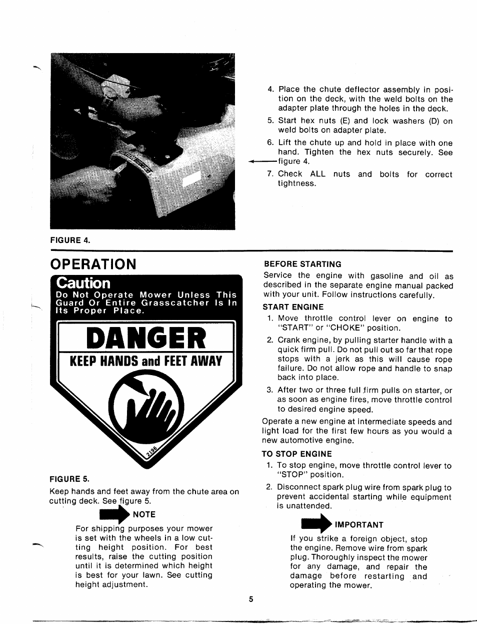 Operation, Caution, Note | Before starting, Start engine, To stop engine, Operation caution | MTD 112-671A User Manual | Page 5 / 12