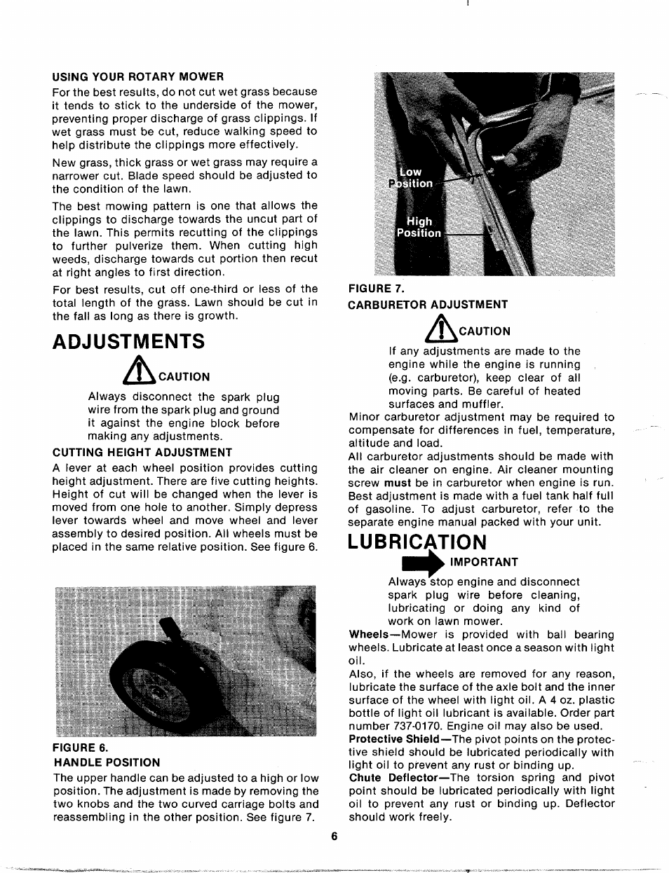 Using your rotary mower, Adjustments, Cutting height adjustment | Caution, Lubrication, Important | MTD 112-671A User Manual | Page 6 / 12