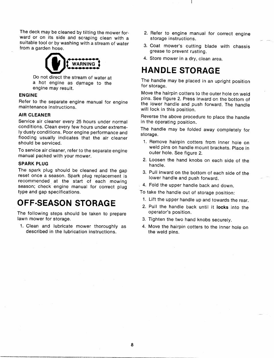 Engine, Air cleaner, Spark plug | Off-season storage, Handle storage | MTD 112-671A User Manual | Page 8 / 12