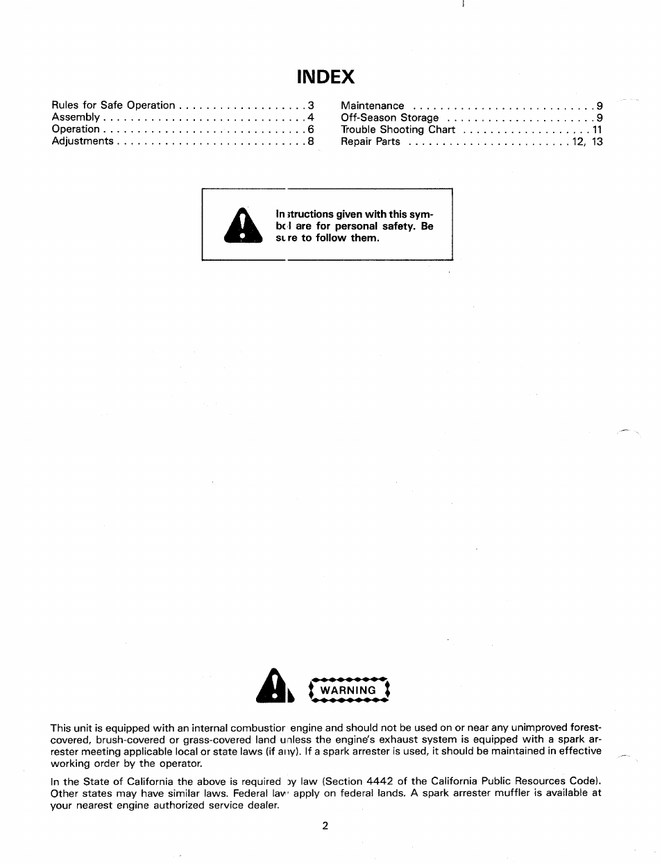 Index, Warning | MTD 247-650-000 User Manual | Page 2 / 14
