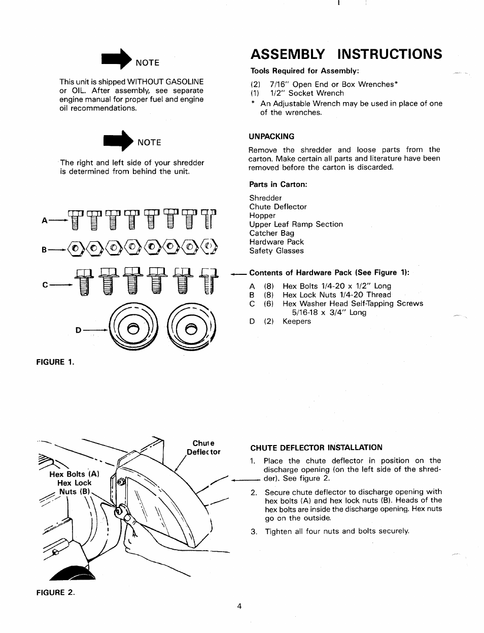 Assembly instructions, Unpacking, Parts in carton | Contents of hardware pack (see figure 1), Chute deflector installation | MTD 247-650-000 User Manual | Page 4 / 14