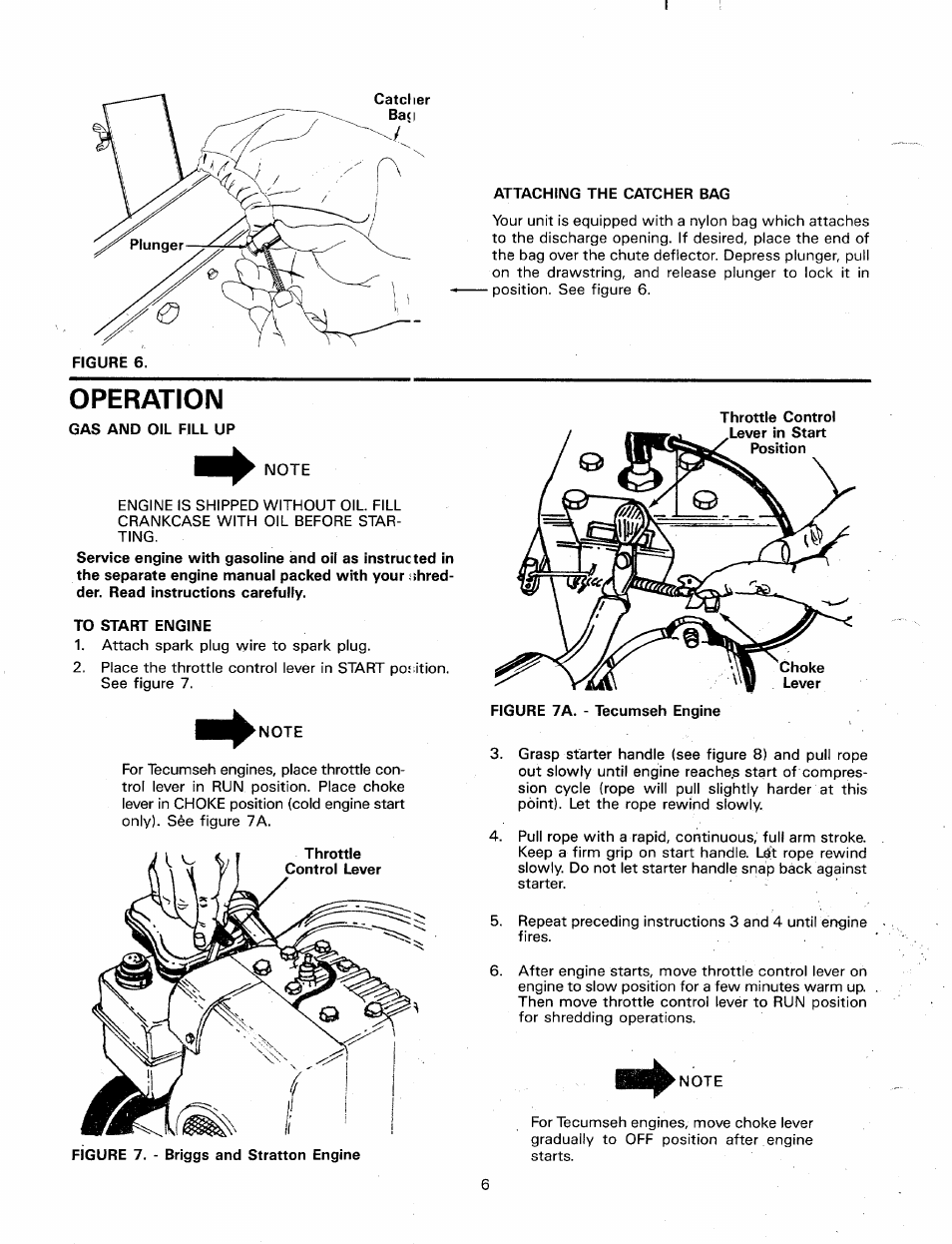 Attaching the catcher bag, Operation, Gas and oil fill up | To start engine, Note | MTD 247-650-000 User Manual | Page 6 / 14