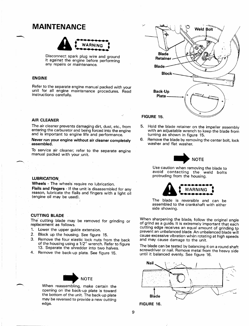 Maintenance, Ac warning, Engine | Air cleaner, Lubrication, Cutting blade | MTD 247-650-000 User Manual | Page 9 / 14