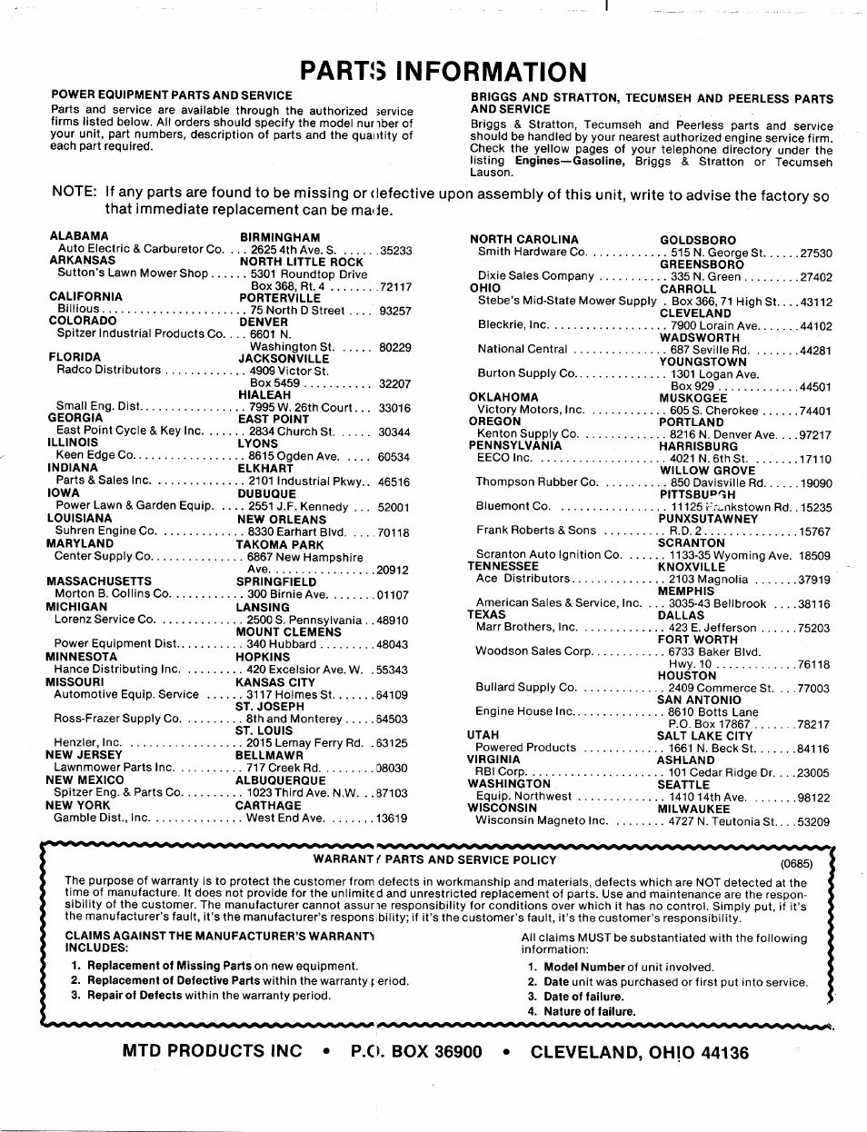 Parts information | MTD 216-031-000 User Manual | Page 16 / 16