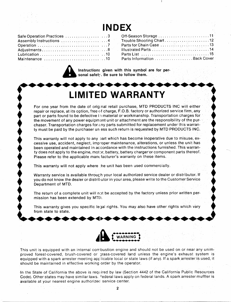 Index, Limited warranty, Vlimited warranty | MTD 216-031-000 User Manual | Page 2 / 16