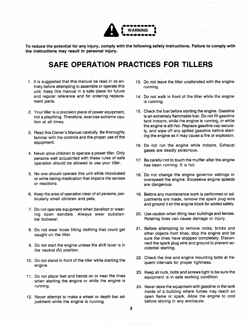 Warning, Safe operation practices for tillers | MTD 216-031-000 User Manual | Page 3 / 16