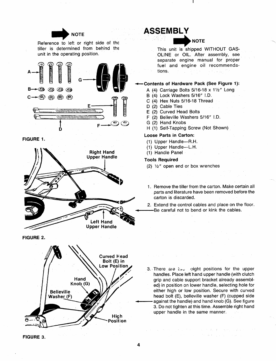 Note, Assembly, Contents of hardware pack (see figure 1) | MTD 216-031-000 User Manual | Page 4 / 16