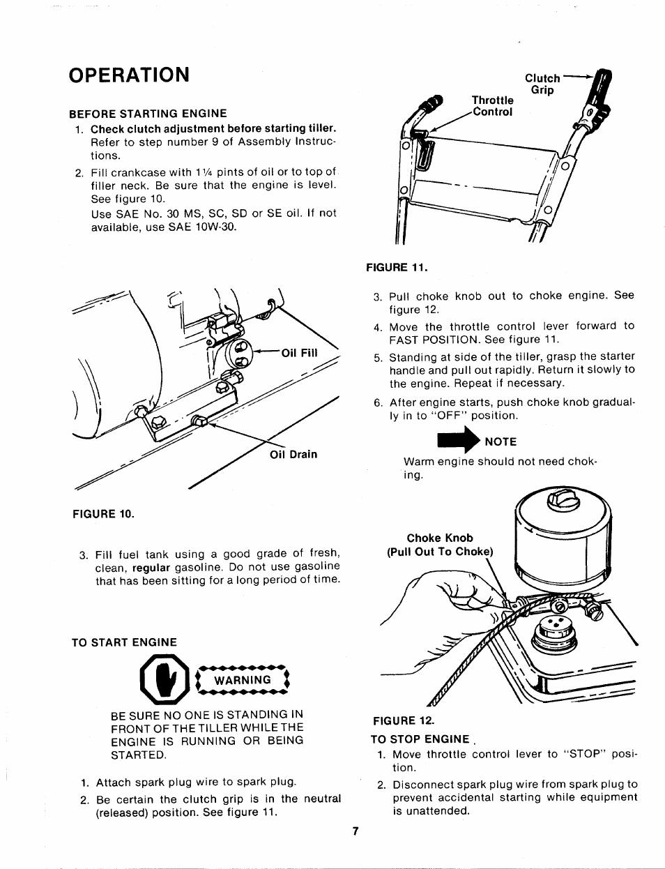 Operation, Before starting engine, Check clutch adjustment before starting tiller | To start engine, Warning, Note, To stop engine | MTD 216-031-000 User Manual | Page 7 / 16