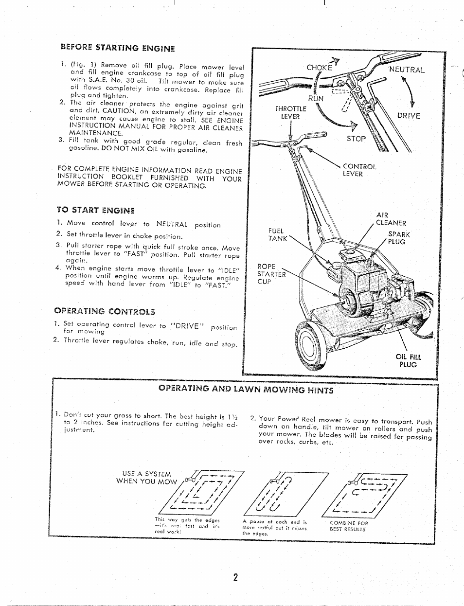 Before starting engine, To start engine, Operating controls | Operating and lawn mowing hints | MTD ZYJ-192A User Manual | Page 2 / 8