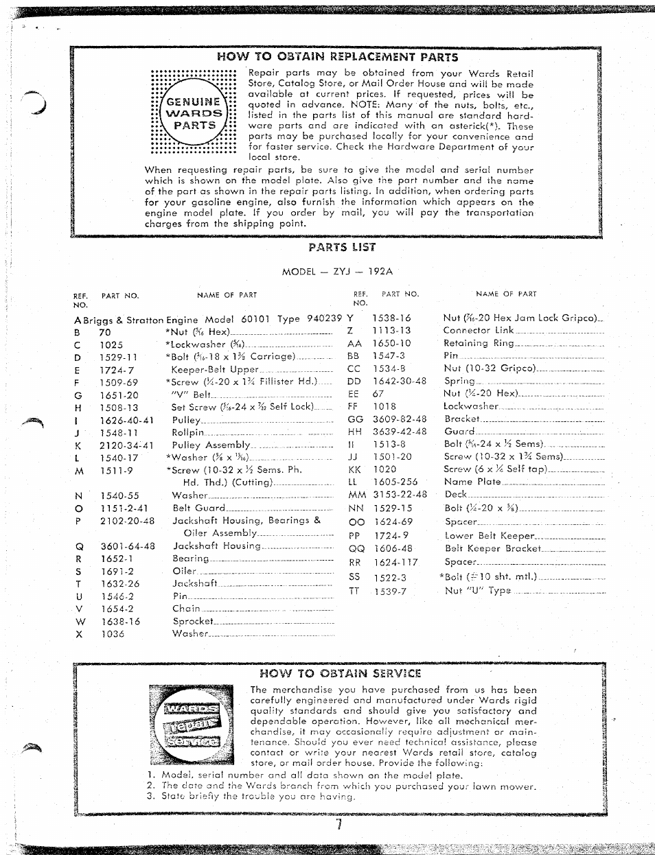 How to obtain replacement parts, Parts list, How to obtain service | MTD ZYJ-192A User Manual | Page 7 / 8