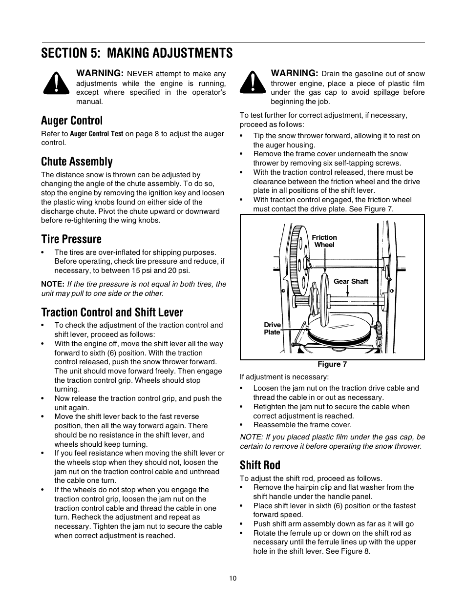 Auger control, Chute assembly, Tire pressure | Traction control and shift lever, Shift rod | MTD 31AE640F352 User Manual | Page 10 / 24