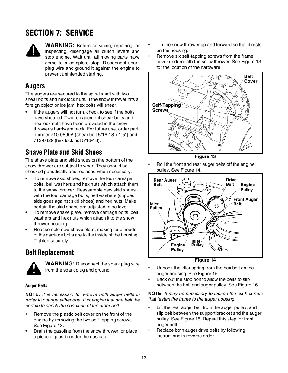 Augers, Shave plate and skid shoes, Belt replacement | MTD 31AE640F352 User Manual | Page 13 / 24