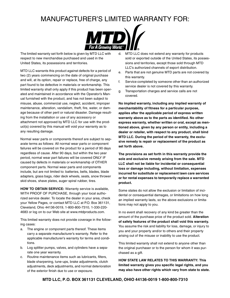 Manufacturer’s limited warranty for | MTD 31AE640F352 User Manual | Page 24 / 24