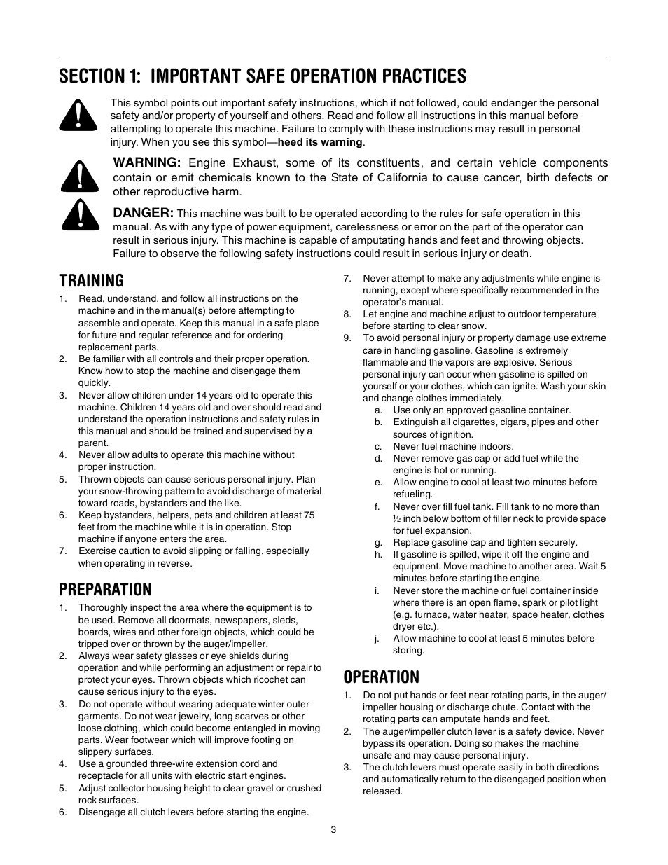 Training, Preparation, Operation | Warning, Danger | MTD 31AE640F352 User Manual | Page 3 / 24