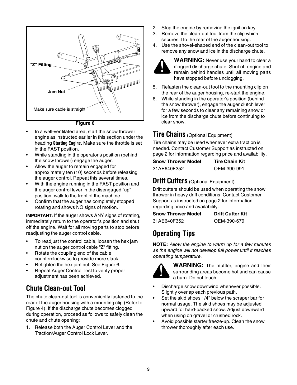 Chute clean-out tool, Tire chains, Drift cutters | Operating tips | MTD 31AE640F352 User Manual | Page 9 / 24