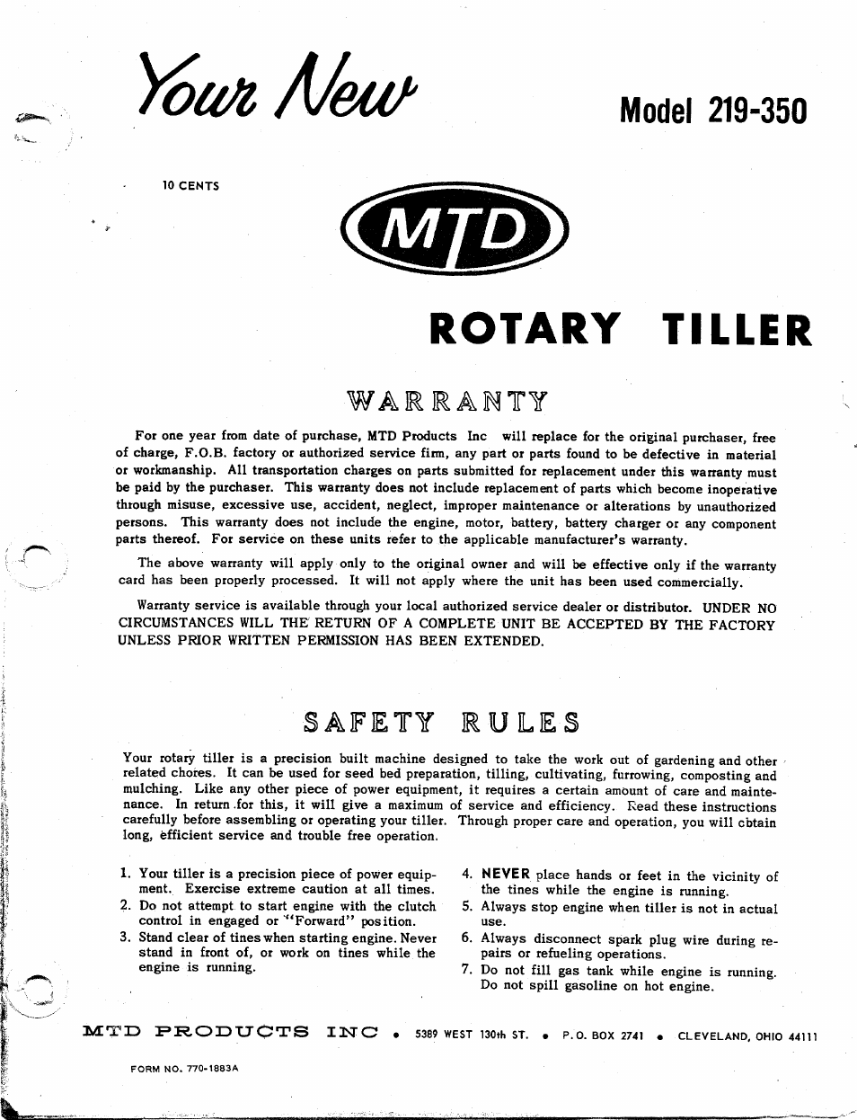 MTD 219-350 User Manual | 8 pages