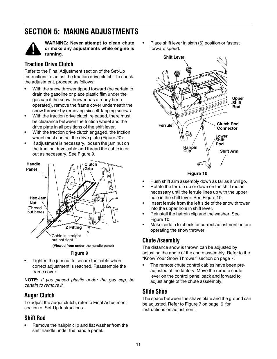 Traction drive clutch, Auger clutch, Shift rod | Chute assembly, Slide shoe | MTD 31AH553G401 User Manual | Page 11 / 28