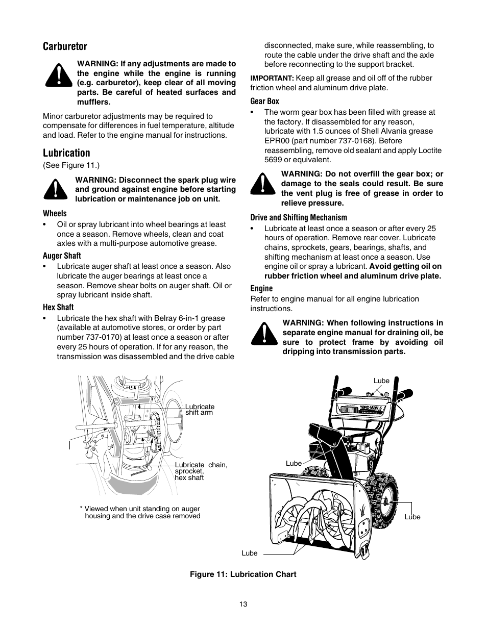 Carburetor, Lubrication, Wheels | Auger shaft, Hex shaft, Gear box, Drive and shifting mechanism, Engine, Important | MTD 31AH553G401 User Manual | Page 13 / 28