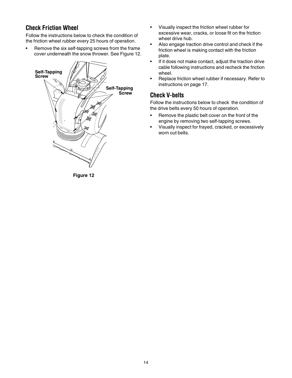 Check friction wheel, Check v-belts | MTD 31AH553G401 User Manual | Page 14 / 28