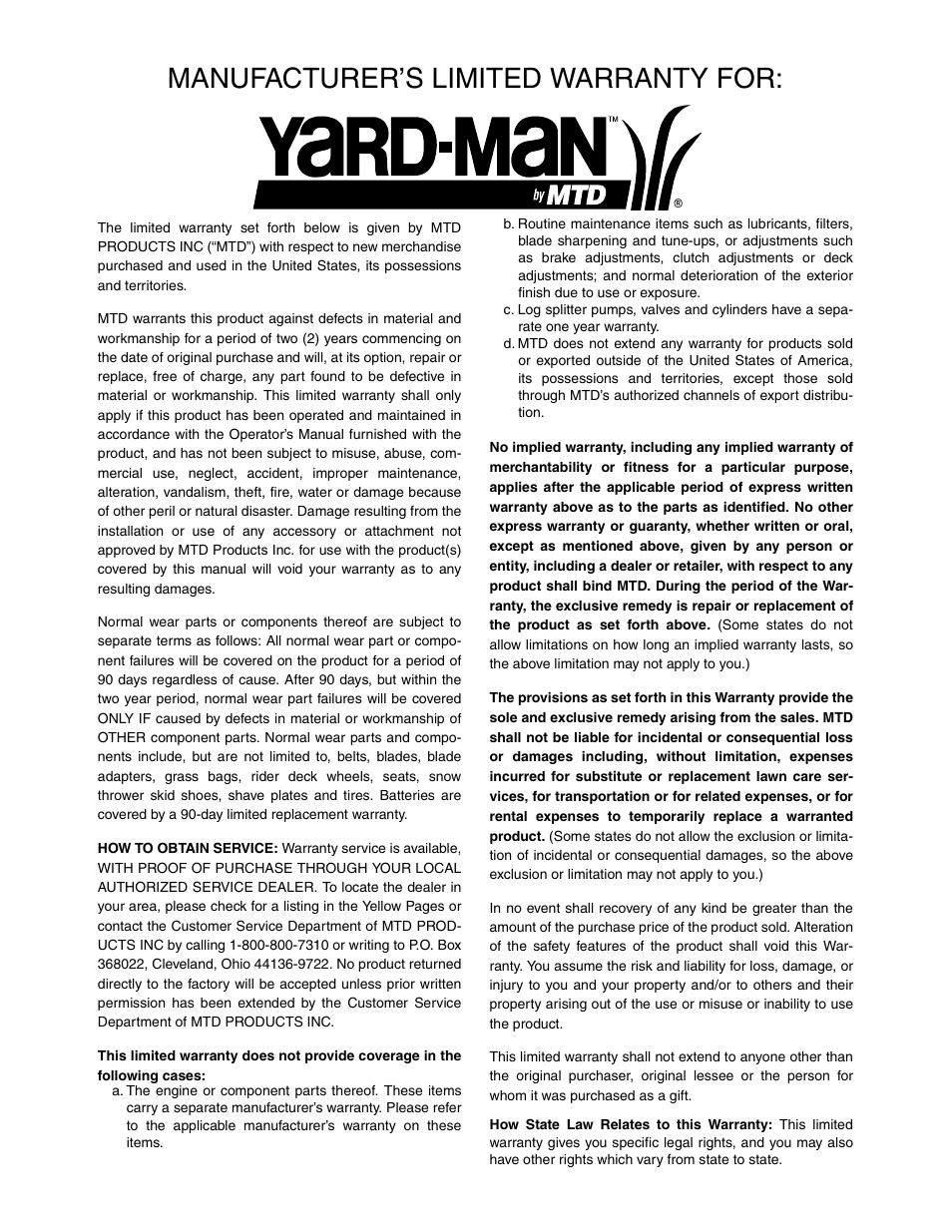 Manufacturer’s limited warranty for | MTD 31AH553G401 User Manual | Page 28 / 28
