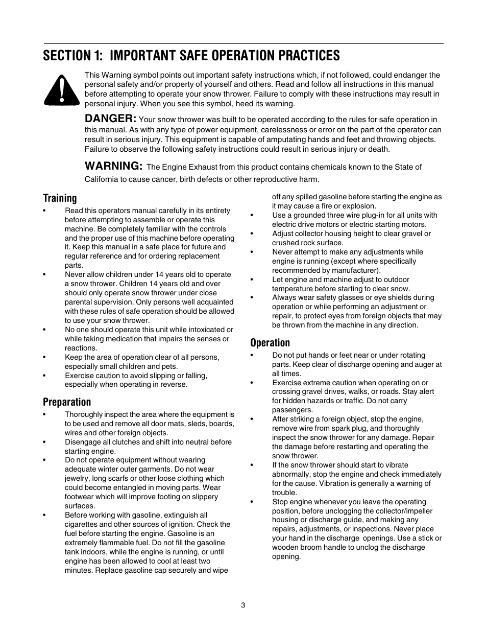 Danger, Warning, Training | Preparation, Operation | MTD 31AH553G401 User Manual | Page 3 / 28